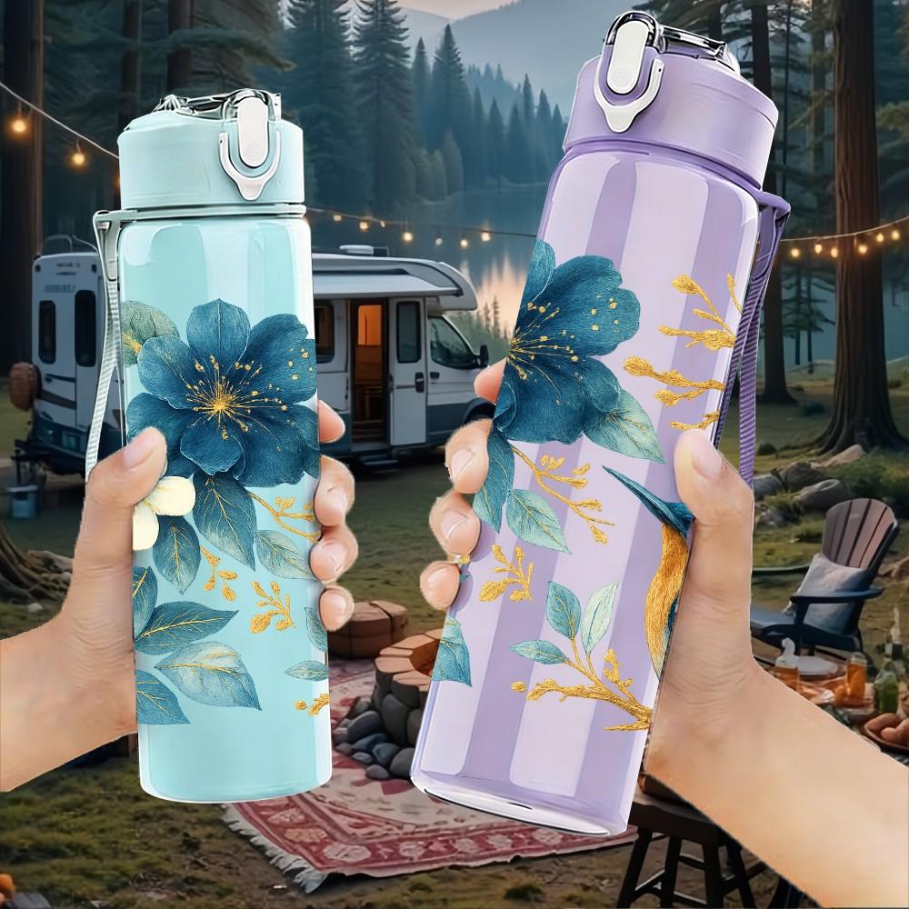 1PC Blue Flower Bird Branch Art Print 750ml Color Plastic Sports Water Bottle Leakproof Flip Straw Lid Suitable for Sports Office Home Use