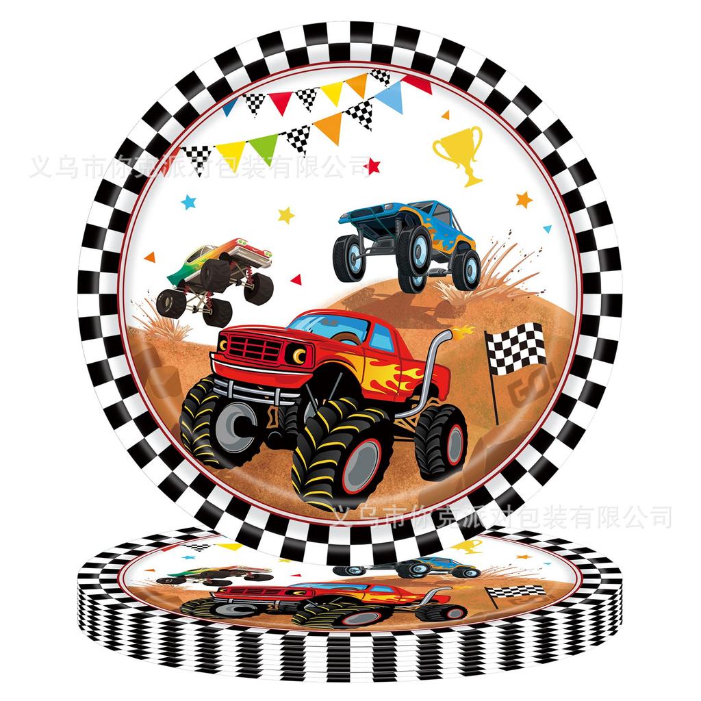 Black and White Checkered Racing-themed Disposable Paper Plates and Cups for Children's Birthday Parties