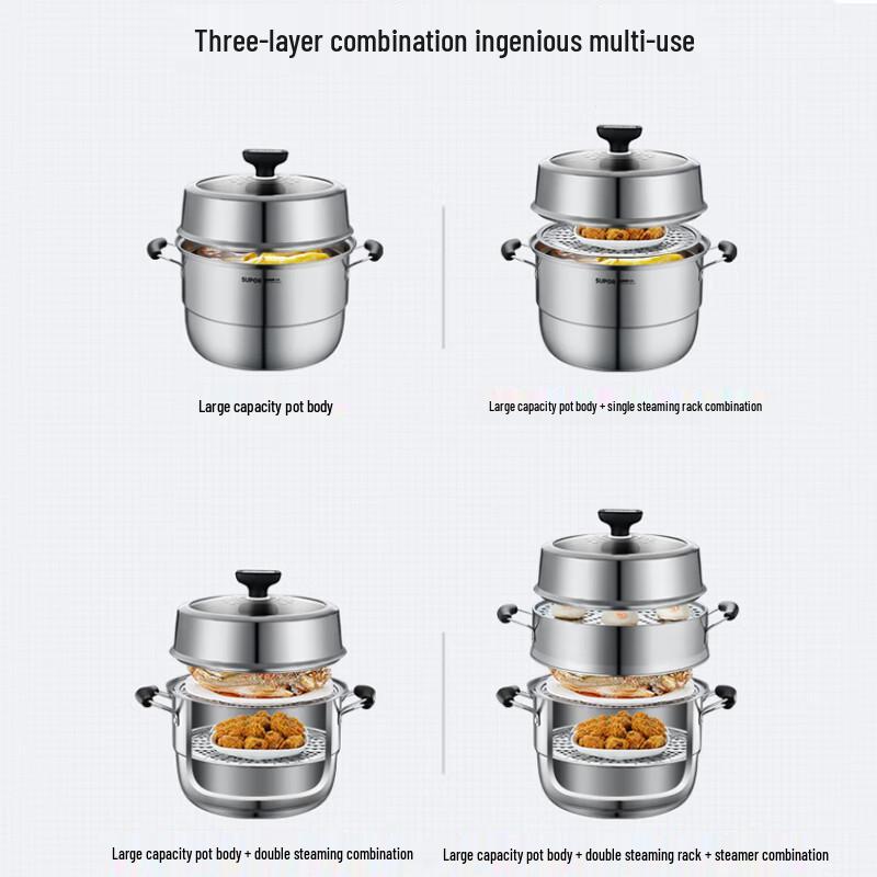 SUPOR 30cm 3-Layer 304 Stainless Steel Steamer Pot with High Arch Lid