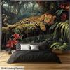 Leopard Dschungel Wandteppich, Wildkatze im Tropischen Wald mit Roten Blumen, Exotische Tier Wandkunst für Schlafzimmer Wohnzimmer