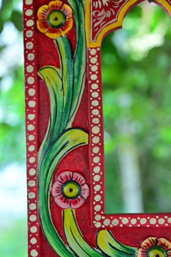 Hand Carved Wooden Jharokha Wall Decor: Bright Painted Flower Design Indian Frame