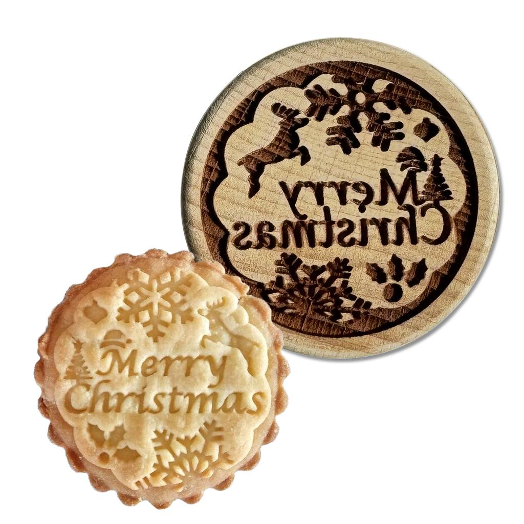 Wooden Cookie Stamp Cookie Mold for Christmas, with Reindeer Snowman Pattern, Round Embosser Baking Tools for Biscuit Cutter