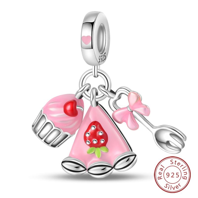 Fit 925 Silver Charms Beads Little Bear Lamb Little Flying Pig Pink Charms For Women DIY Birthday Jewelry Gift