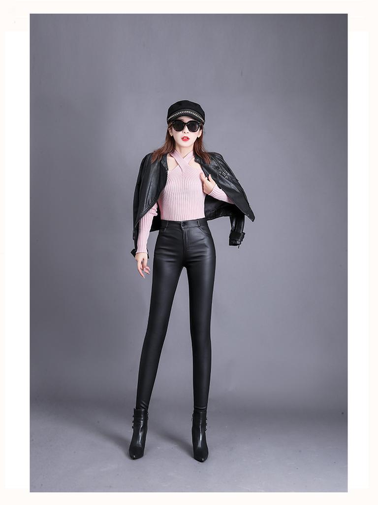 Matte Leather Pants Women Winter Fleece High Waist Leggings for Outerwear Small Feet Bottoms Women