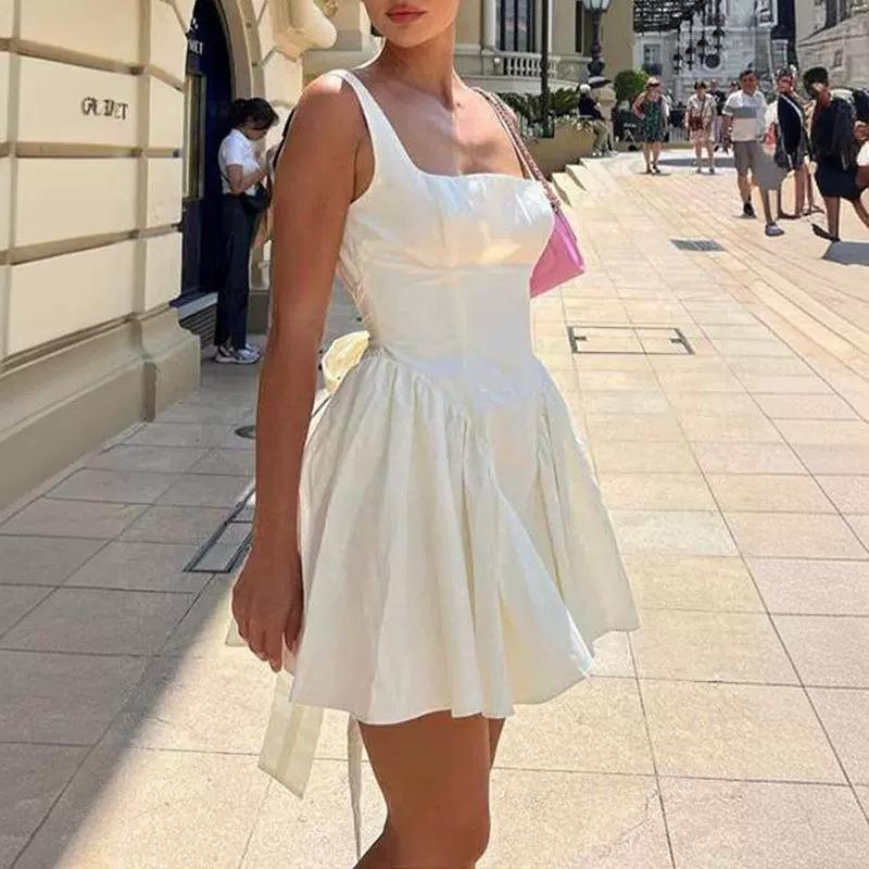 2026 Spring European & American Style Women's Solid Backless Lace-Up Bow Sling Dress