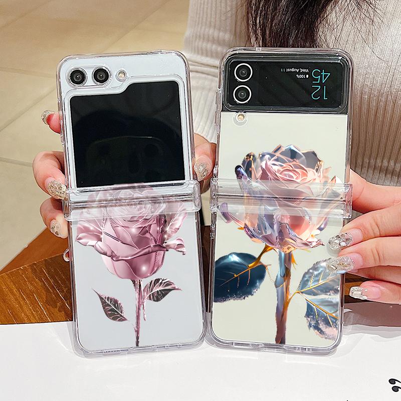 

Роскошный блестящий принт розы, 3 шт., складной чехол для Samsung Z Flip6 Flip5 Flip4 Flip3, жесткий ПК, противоударный, прозрачный, тонкий чехол для телефона Samsung Z Flip6 розовый