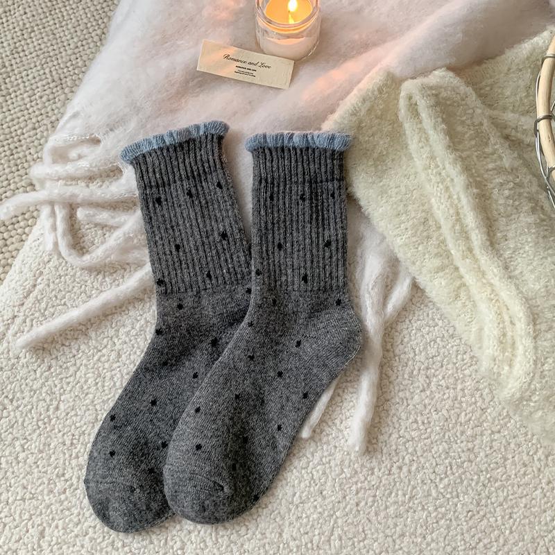 

Осенне-зимние женские толстые теплые носки до середины икры с кружевом и горошком A5