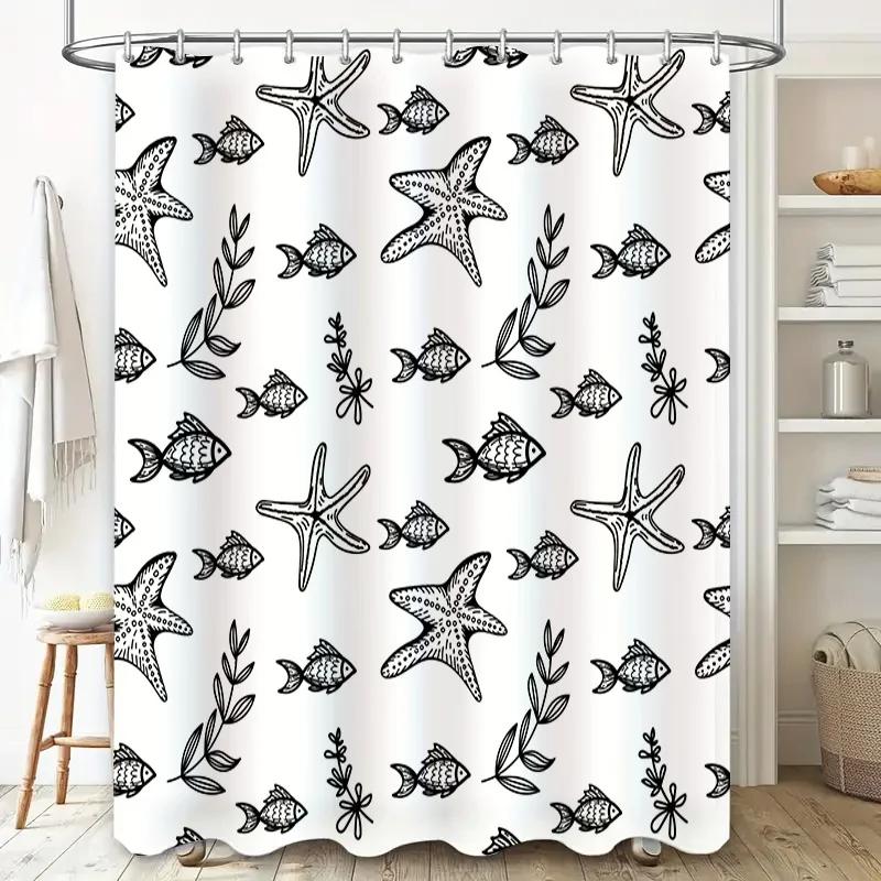 Ocean Life Black White Shower Curtain Bath Decor featuring Fish Starfish Design Polyester Fabric Easy Install Hook Rings Include