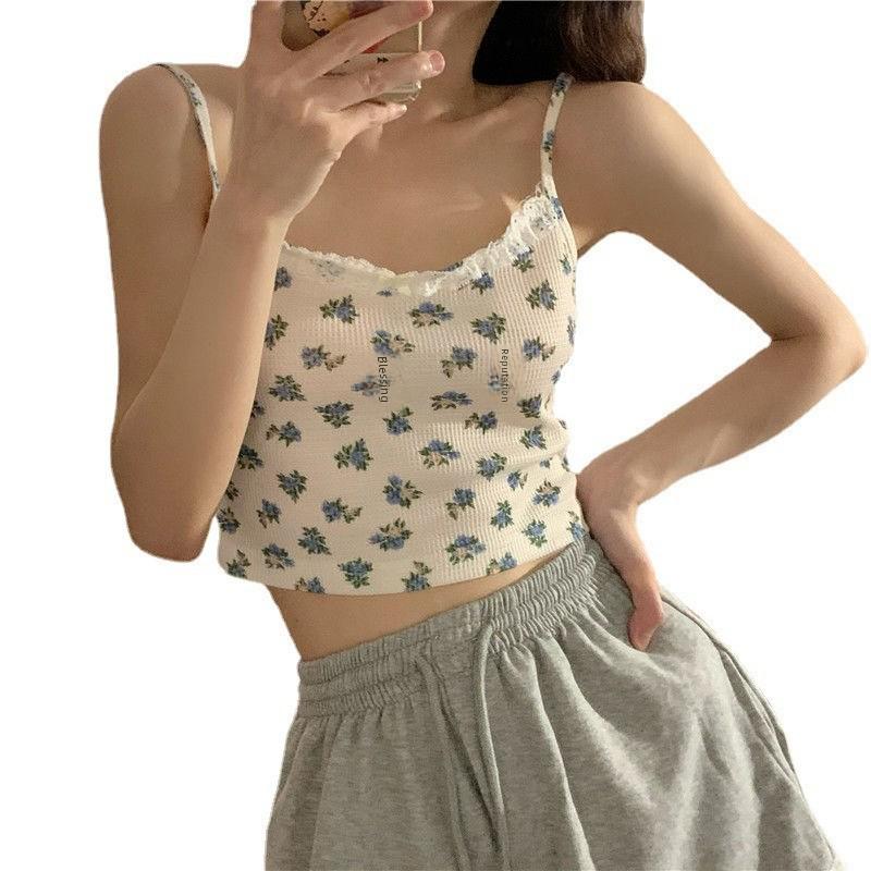 Ärmelloses Camisole mit Blumenmuster, quadratischem Ausschnitt und Puffärmeln für den Sommer
