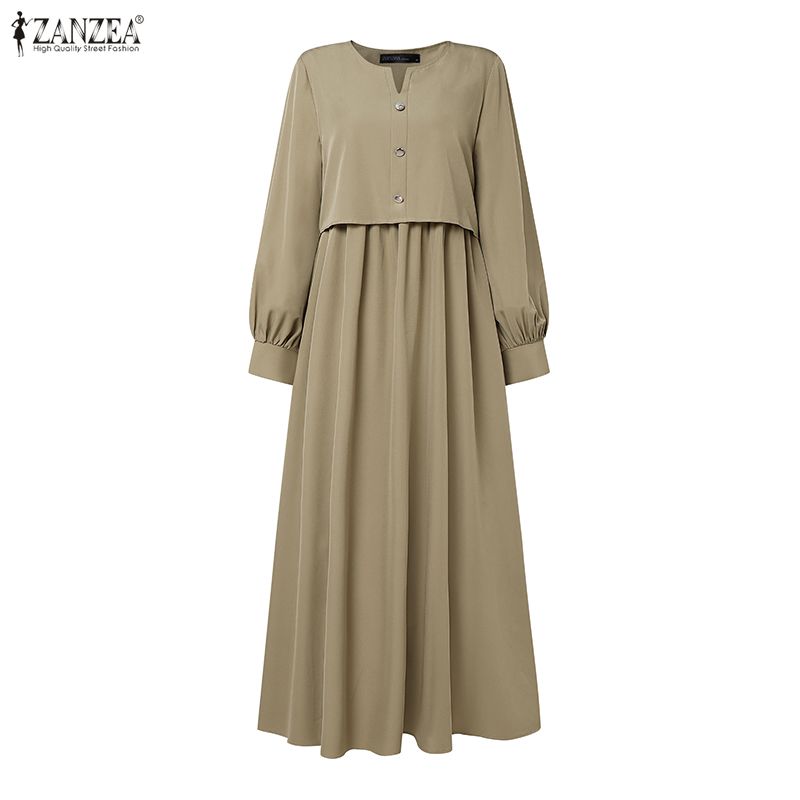 ZANZEA Women Casual V-Neck Long Sleeve Splice Loose Long Dress