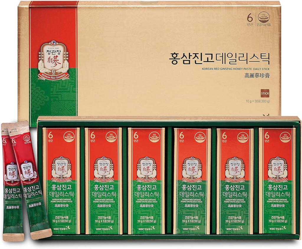 Palitos de mel de ginseng CheongKwanJang, Hong Sam Jin Go Daily Korean Red Ginseng Extract Liquid, energia natural - pacote com 30 unidades
