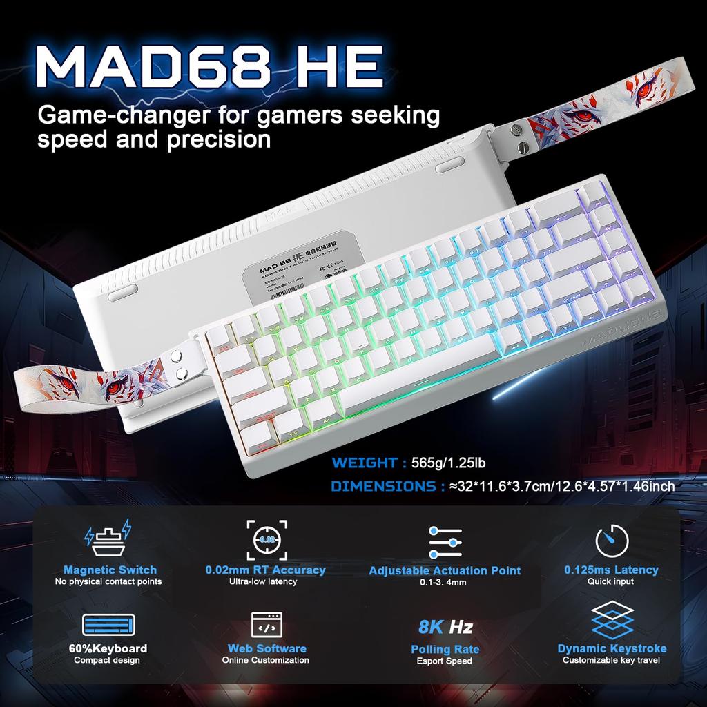 YUNZII X MADLIONS MAD68 HE Wired Mechanical Gaming Keyboard with Magnetic Hall Adjustable Actuation PBT 8K Hz Polling Rate Switches, 60% Layout,