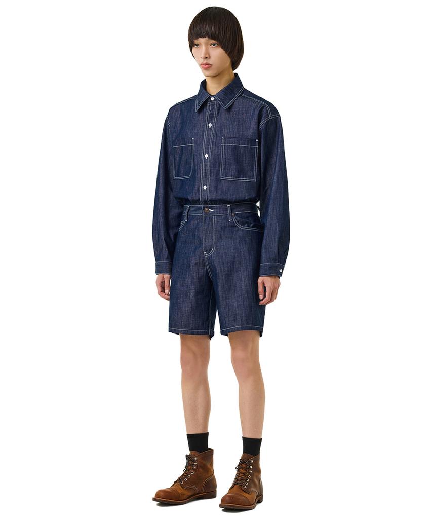 LAUGHER [Summer][Non-Fade] Two-Pocket Denim Work Shirt Long Sleeve - Indigo