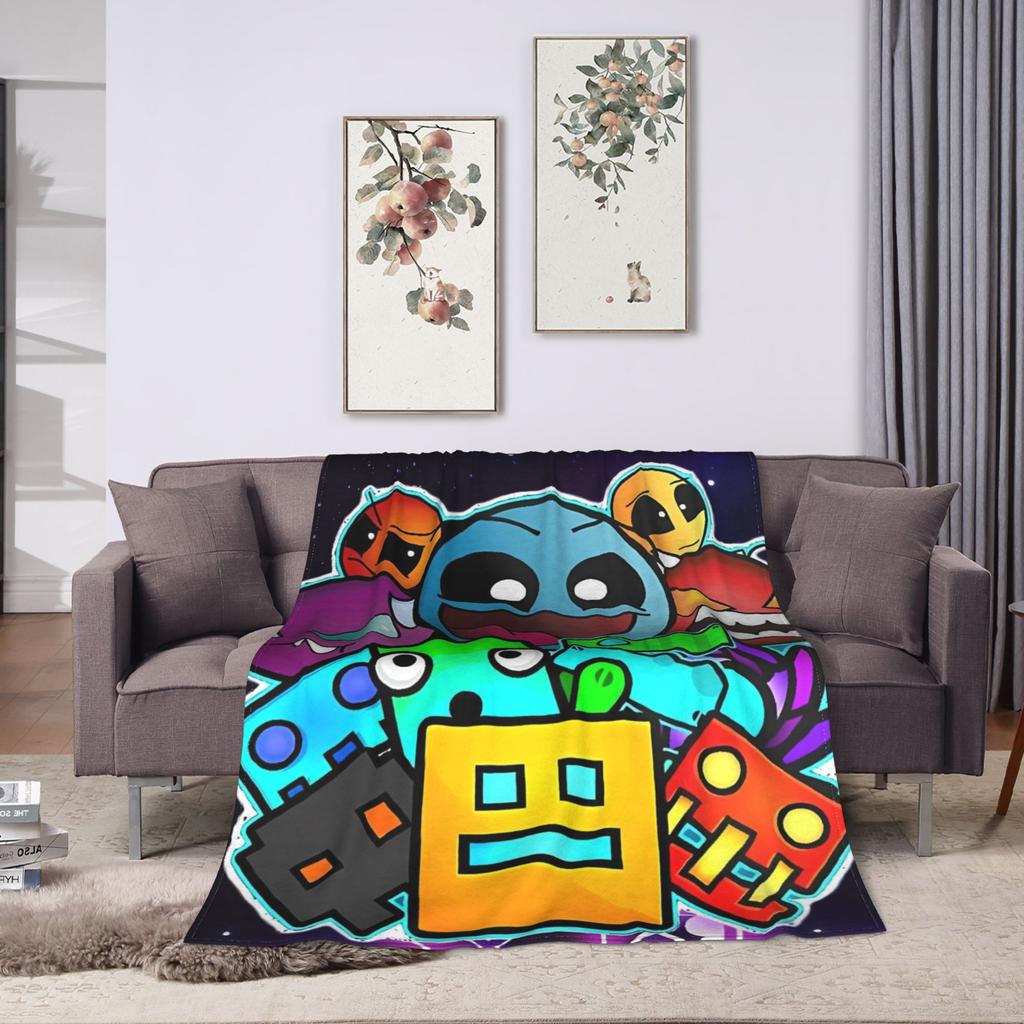 Warm BlanketStudents Camping Geometry Dash Gaming Game Throw Blanket Flannel Bedspread For Couch Bed Funny Sofa Bed Cover