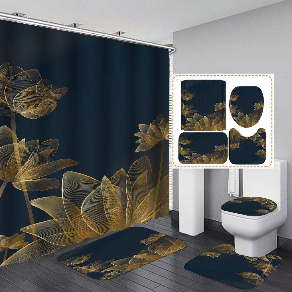 4Pcs Painted Floral Shower Curtain Set with Non-Slip Bath Mat, Toilet Lid Cover, Contour Rug & 12 Hooks, Bathroom Decor