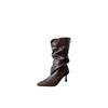 2025 autumn and winter new European and American pointed head thin heel high heel temperament French fashion sexy pleated pile women's medium boots