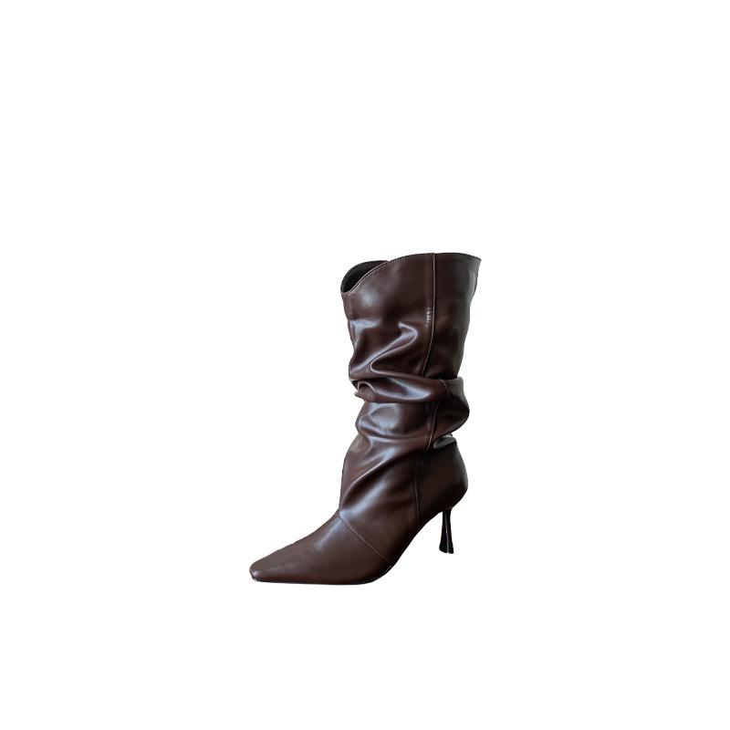 2025 autumn and winter new European and American pointed head thin heel high heel temperament French fashion sexy pleated pile women's medium boots