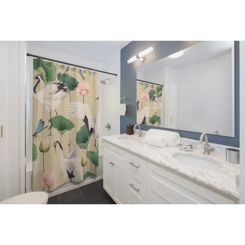 Tonnika Chen Pink Japanese Crane Shower Curtain - Lotus & Oriental Floral Design, Neutral Asian Bathroom Decor