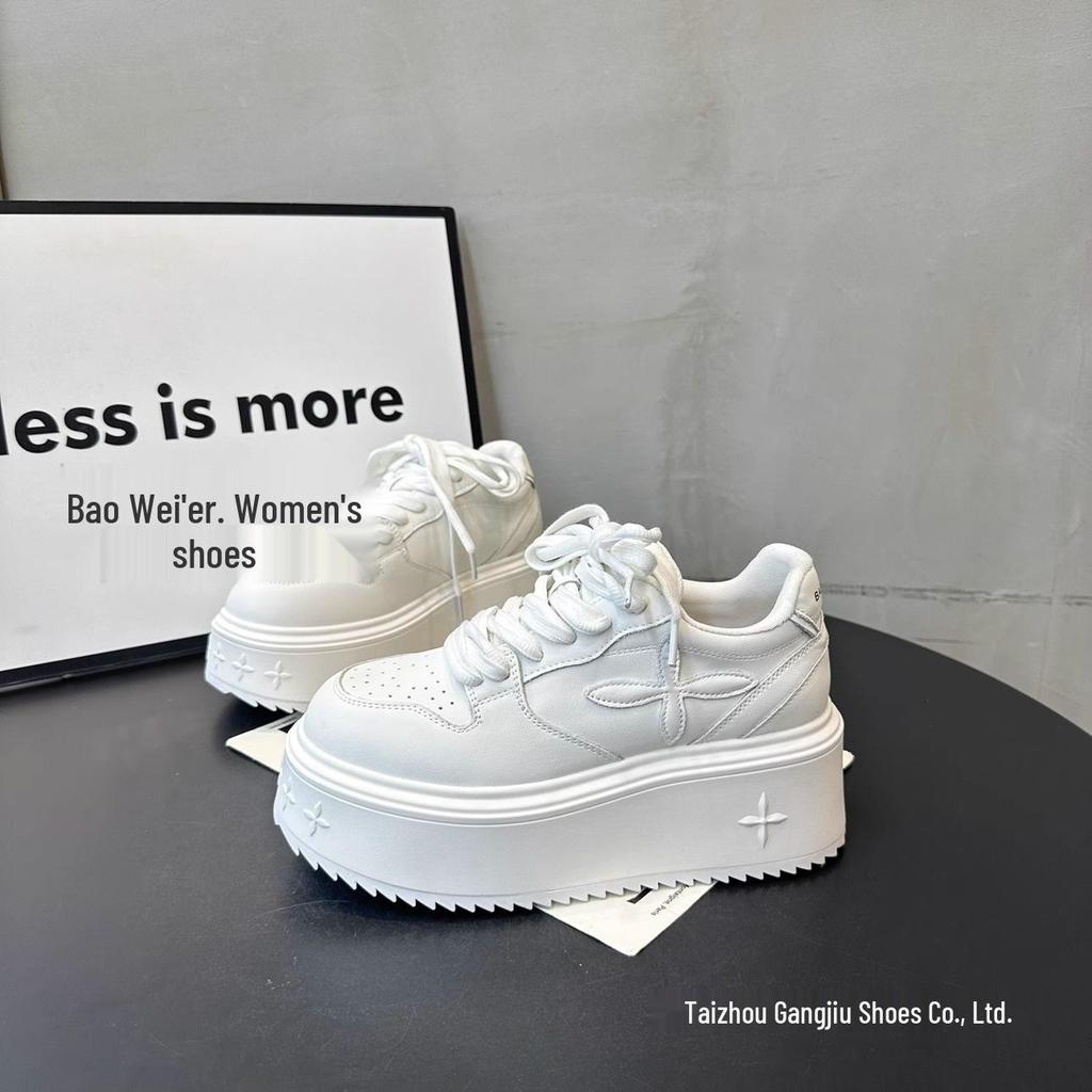 Versatile Lace-Up Platform Sneakers for Women - Height-Increasing, Trendy White Shoes for Spring & Autumn 2025