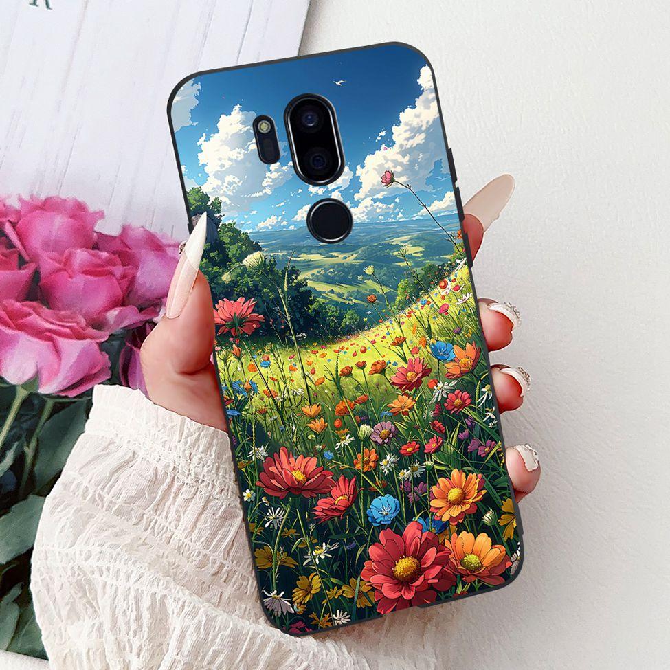 Para LG G7 ThinQ Funda Silicona Negra Gato Lindo Flores de Moda Trasera Pintada Genial Para LG G7ThinQ Funda de Teléfono LMG710EM
