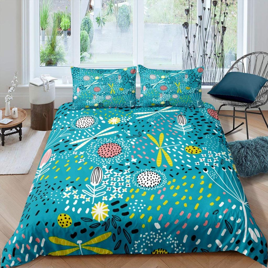 Boho Dragonfly King Queen Duvet Cover Cute Flower Love Heart Bedding Set Watercolor Floral Rustic Style Polyester Quilt Cover