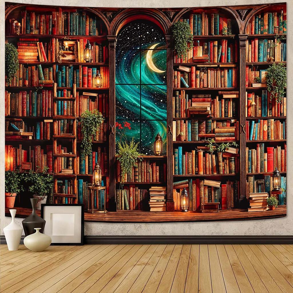Magic Bookshelf Tapestry Gothic Witchy Potion Plant Tapestries Wall Hanging Window Moon Night Library Backdrop Small Tapestry
