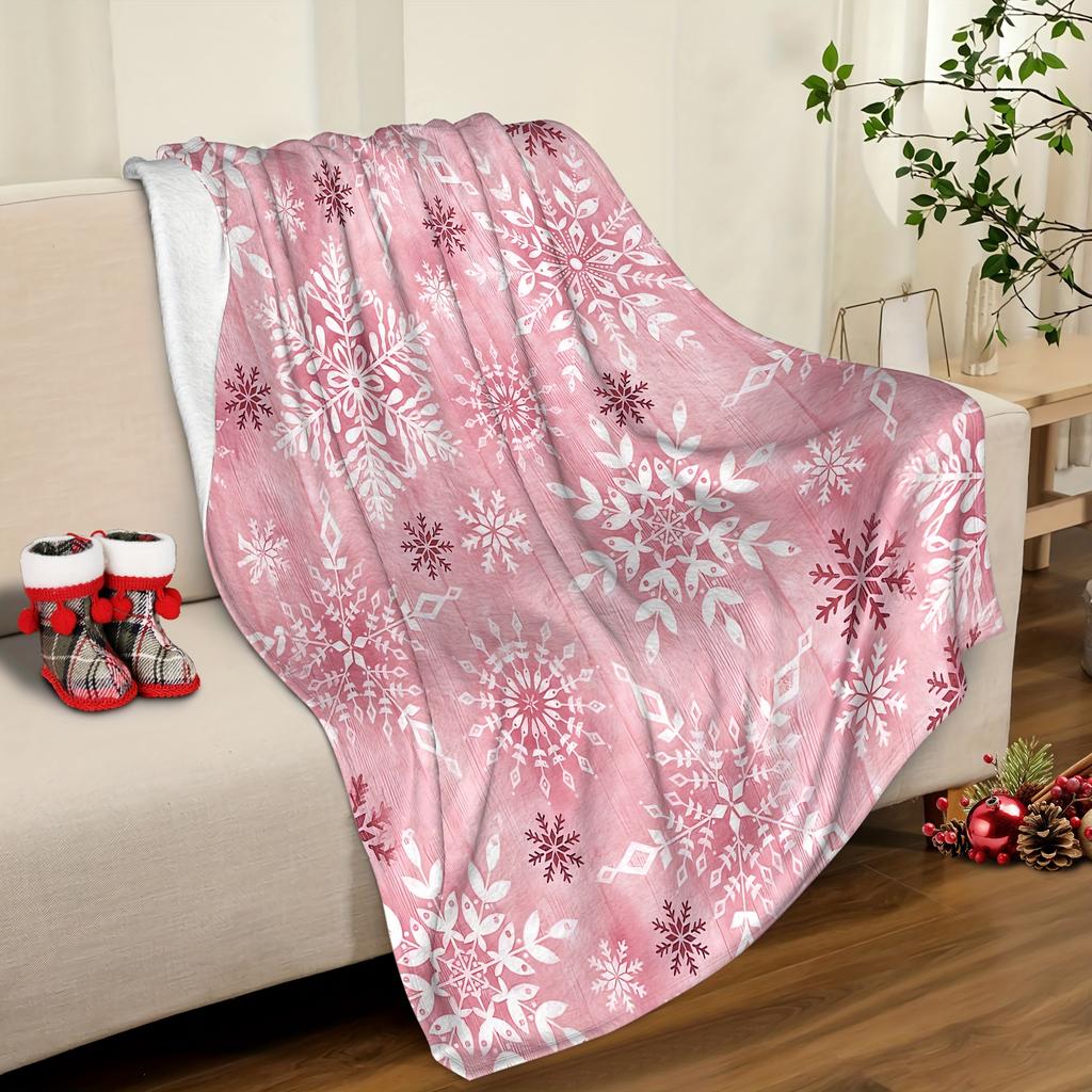 1pc Contemporary Style Pink Flannel Blanket, Digital Snowflake Print, Soft Throw for Christmas, Winter, Bedroom, Sofa, Living Ro