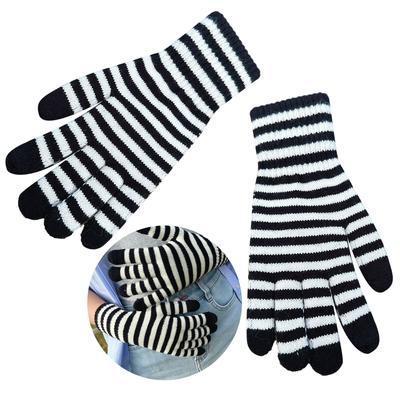 Winter Touchscreen Gloves for Men Women Warm Anti-Slip Black White Stripe Knit Gloves Outdoor Riding Gloves