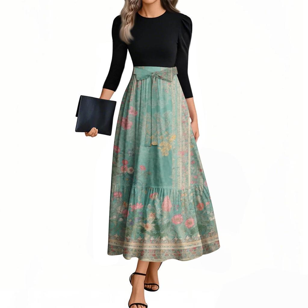 Damskie modne codzienne sukienki z paskiem, z rękawem trzy czwarte, z okrągłym dekoltem, z kwiatowym nadrukiem, eleganckie, z temperamentem