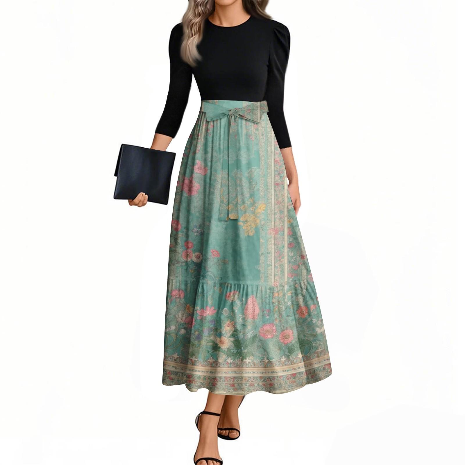 

Женские модные повседневные платья с поясом, рукавом три четверти, круглым вырезом, с цветочным принтом, элегантные, сдержанные S шафрановый