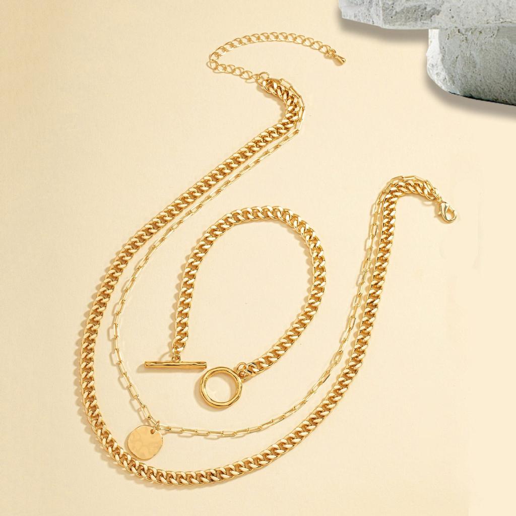 A Set of 2 Multi-layer Buckle Disc Pendants, Chain Necklaces, and 1 Bracelet Set Are Suitable for Women and Girls Parties.