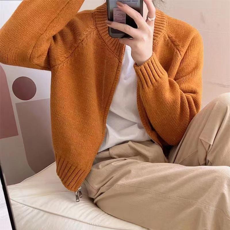 Autumn and Winter New Simple Casual Versatile Knitted Cardigan Top Women's Double Zipper Short Sweater Jacket