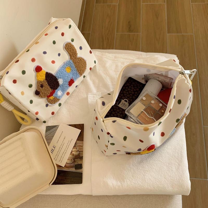 Cute Dog Embroidered Cosmetic Bag Women Canvas Makeup Bag Portable Zipper Toiletry Organizer Travel Storage Pouch