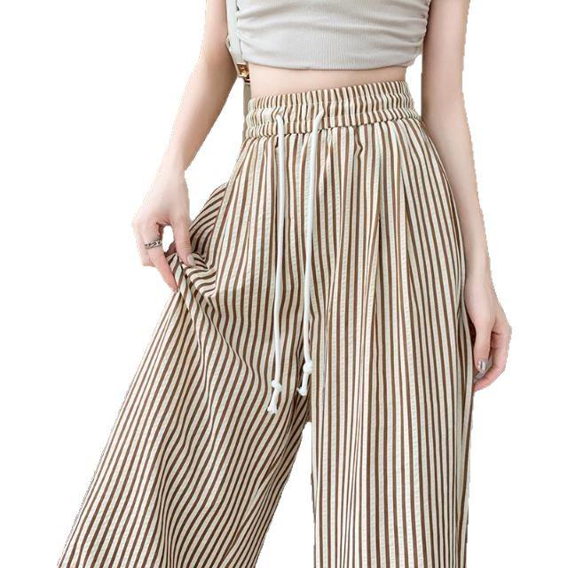 Women's Petite Retro Vertical Striped Wide-Leg Pants - Summer Casual Loose Fit