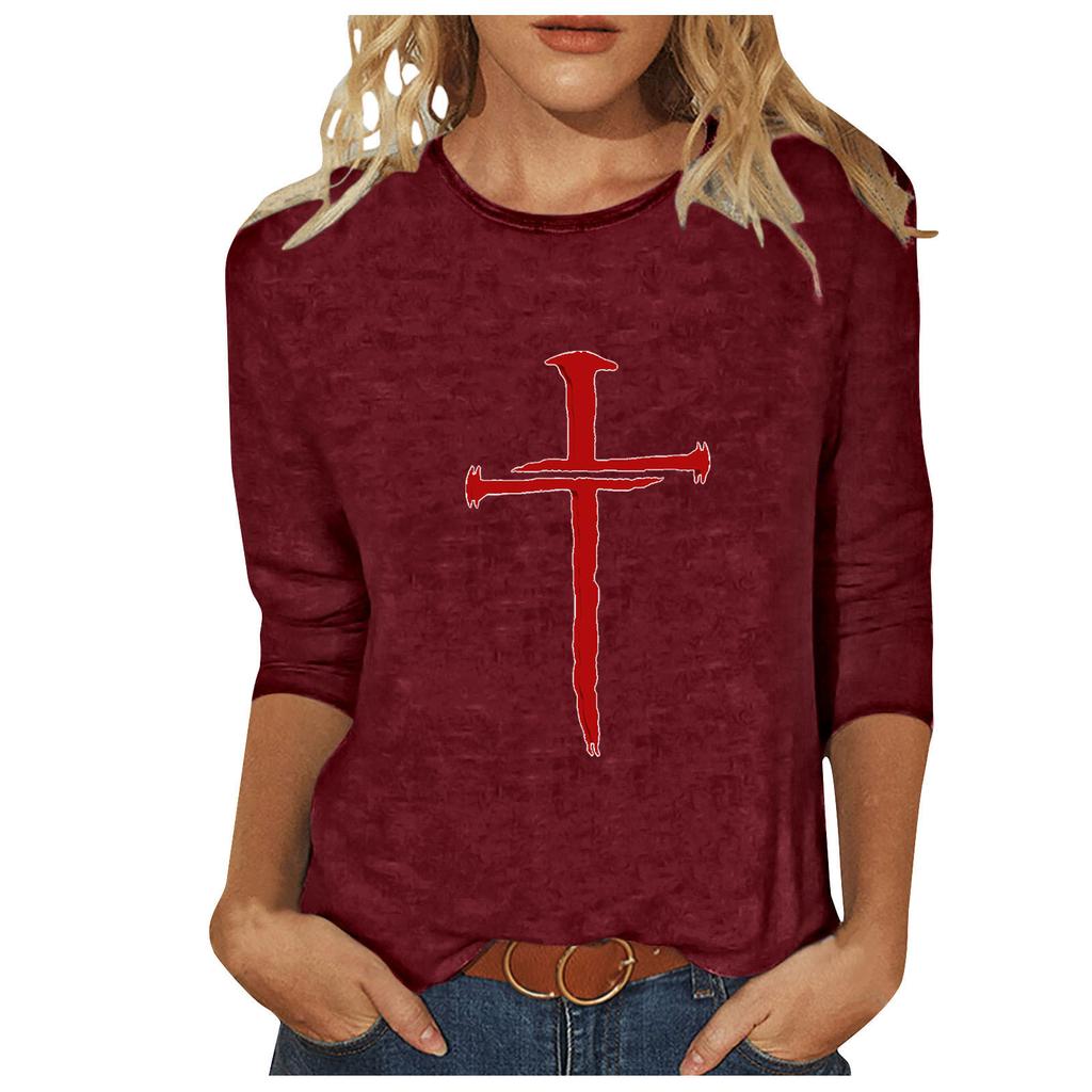 Round Neck 3D Cross Printed Top Fashionable Casual Long Sleeved Women's T-shirts