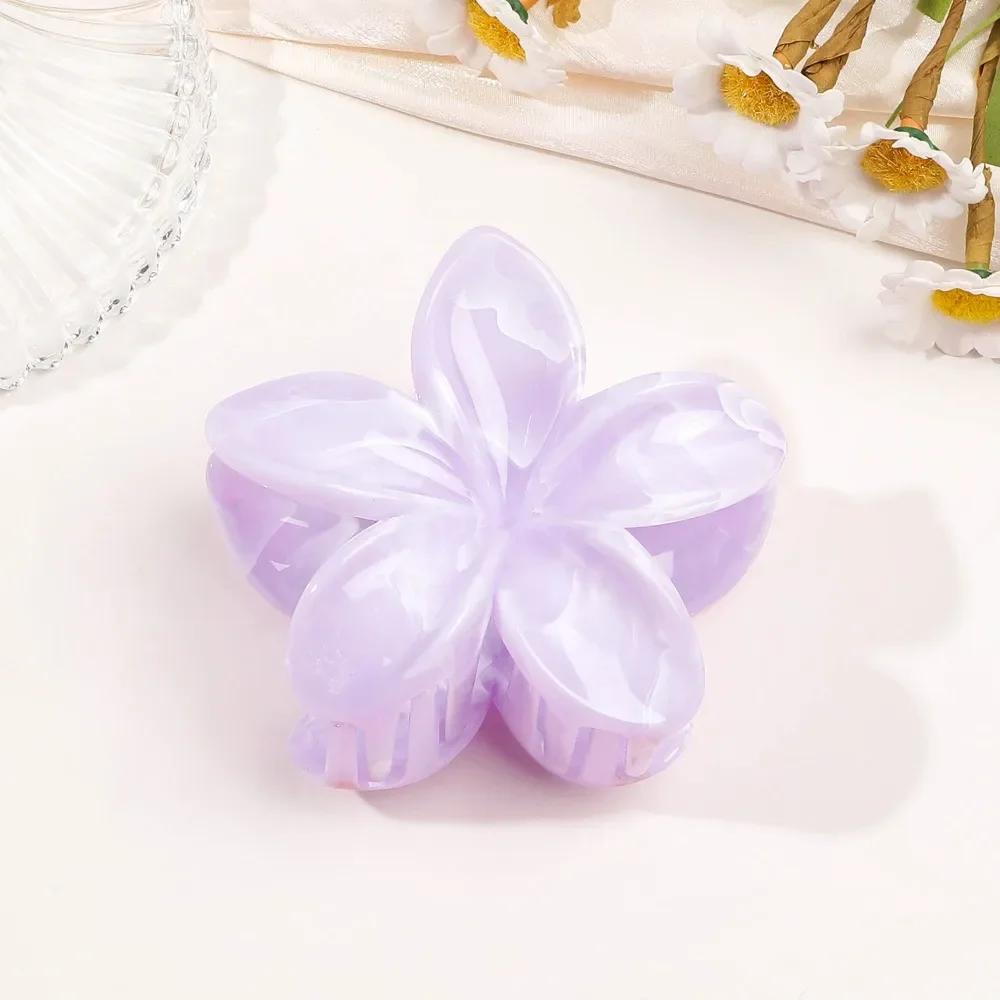 8cm Marble Pattern Frangipani Flower Hair Claw for Women Handmade Dyeing Design Acrylic Large Shark Clips Vacation Accessories