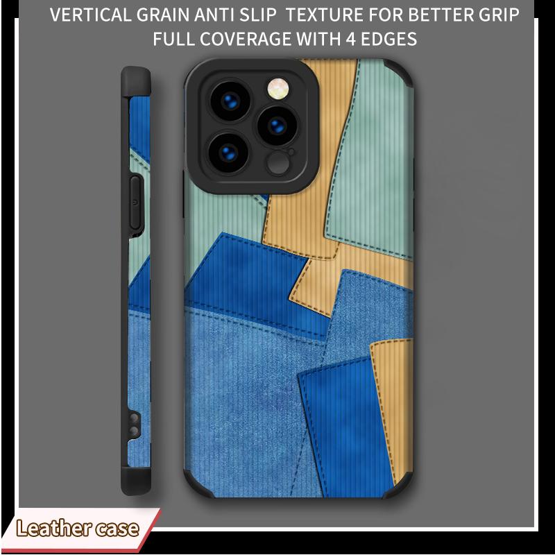 

Вертикальный зернистый кожаный чехол с контрастной тканью, узорчатый мягкий силиконовый чехол с объективом камеры, полная защита для iPhone iPhone 16 чёрный