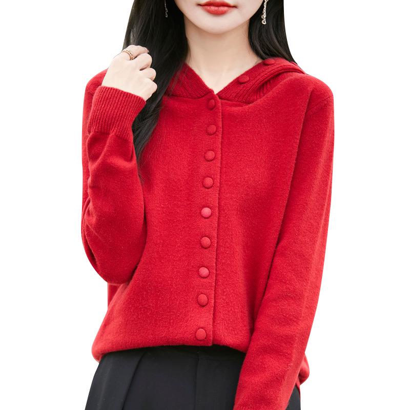 Women's Red Hooded Knit Cardigan - Autumn/Winter Fashion, Age-Reducing, Loose Slim Fit Sweater