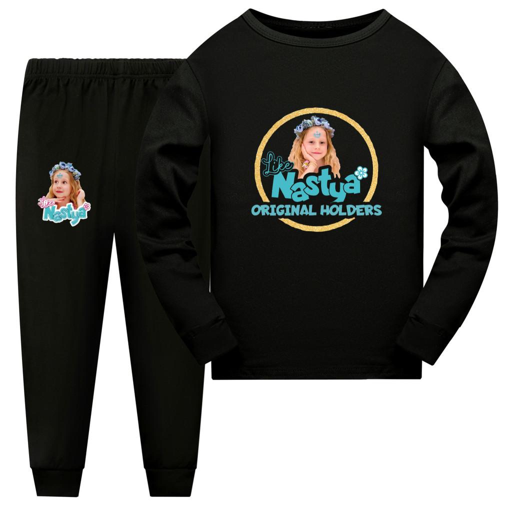 

5555 Kids Girls Nastya Print Long Sleeves T-shirt Pants Pajamas Sleepwear Sleeping Sets 110cm чорний