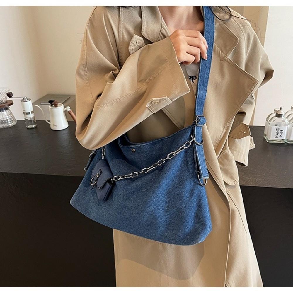 Large Capacity Women's Chain Crossbody Bag Korean Style Satchel Bag Denim Shoulder Bag Travel