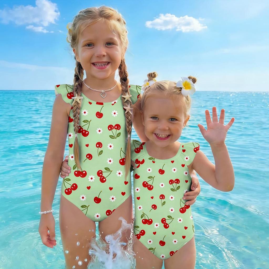 Girls One Piece Swimsuit Summer Kids Fruit Print Swimwear Toddler Children Casual Fashion Ruffle Sleeve Bathing Suit