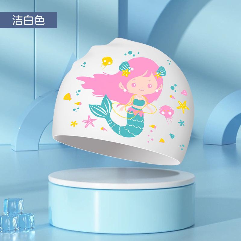 Kids Swim Cap High Elastic Waterproof Silicone Breathable Lightweight Cartoon Pattern for Pool Swimming Boys Girls Comfort Fit