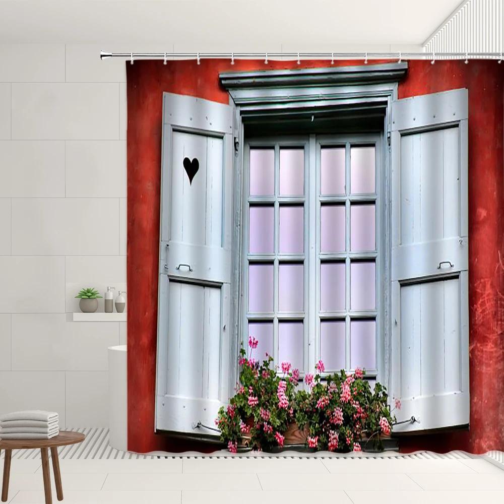 European Town Scenery Shower Curtain Set Street Flower Window Green Vine Retro Old Door And Window Pattern Bathroom Decor Screen