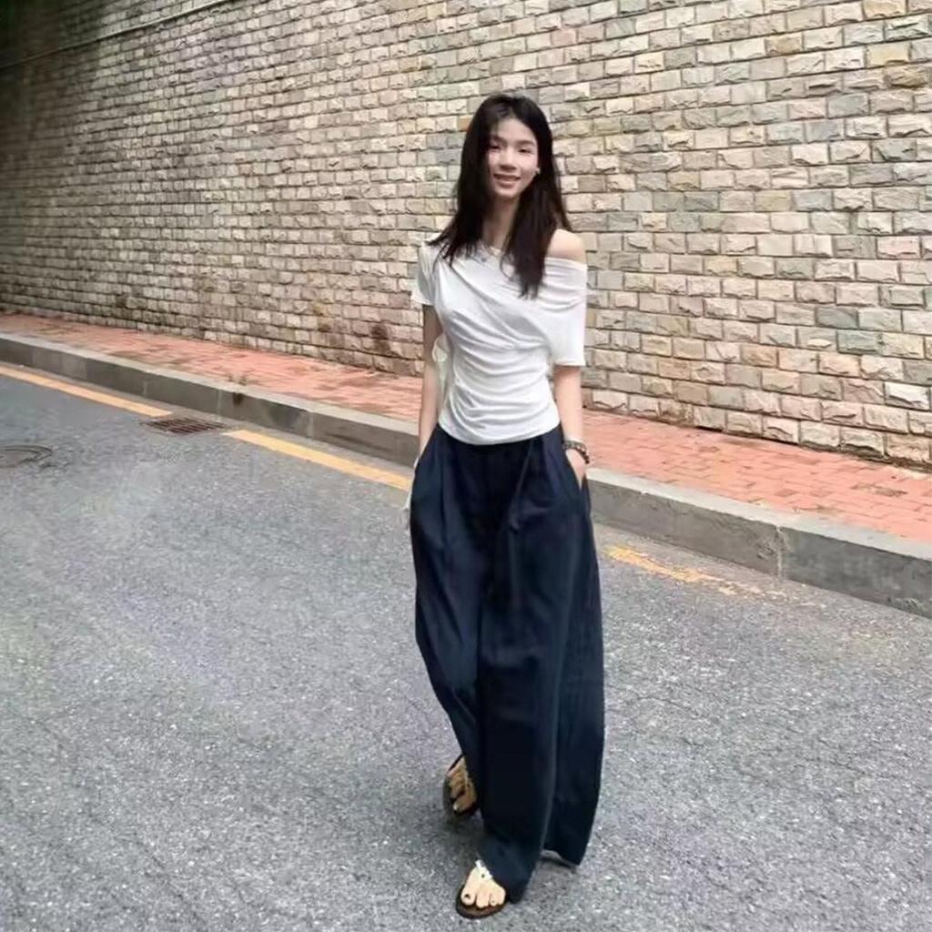 Summer Pure Desire One Shoulder Black Short Sleeve Women's T-shirt Korean Style Slimming Top Exposed Shoulder Fashionable