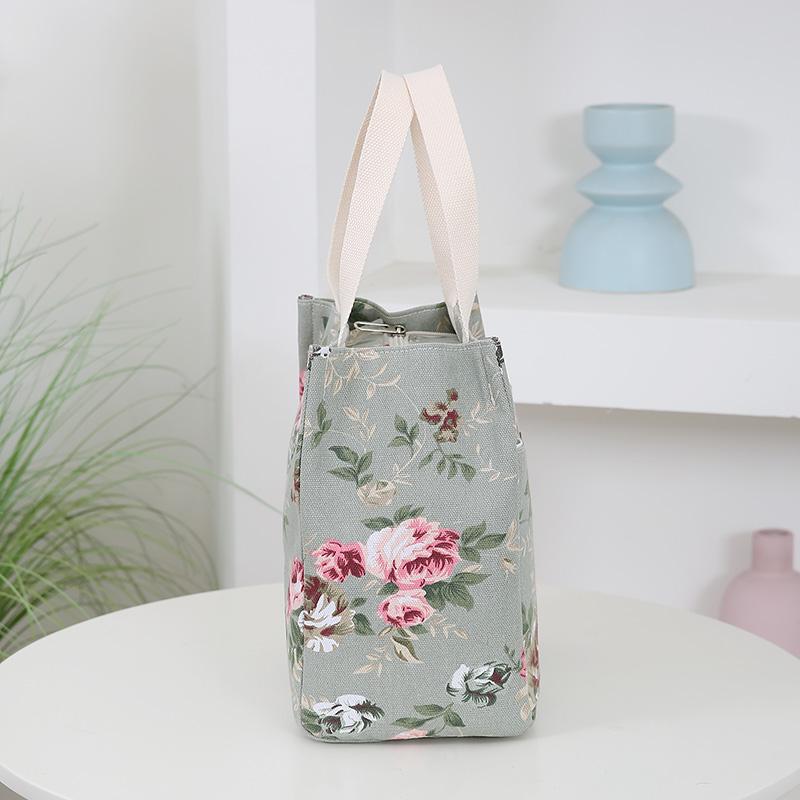 Canvas Flower Printed Fabric Handbag, Work Portable Multi-Pocket Zipper Semi-Closed Daily Clutter Storage Bag, Bento Bag