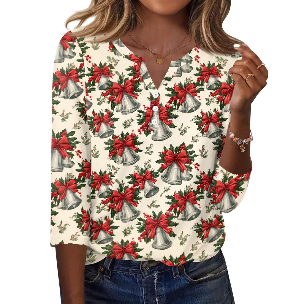 Women's Casual Christmas Print V-Neck 3/4 Sleeve Button-Front T-Shirt