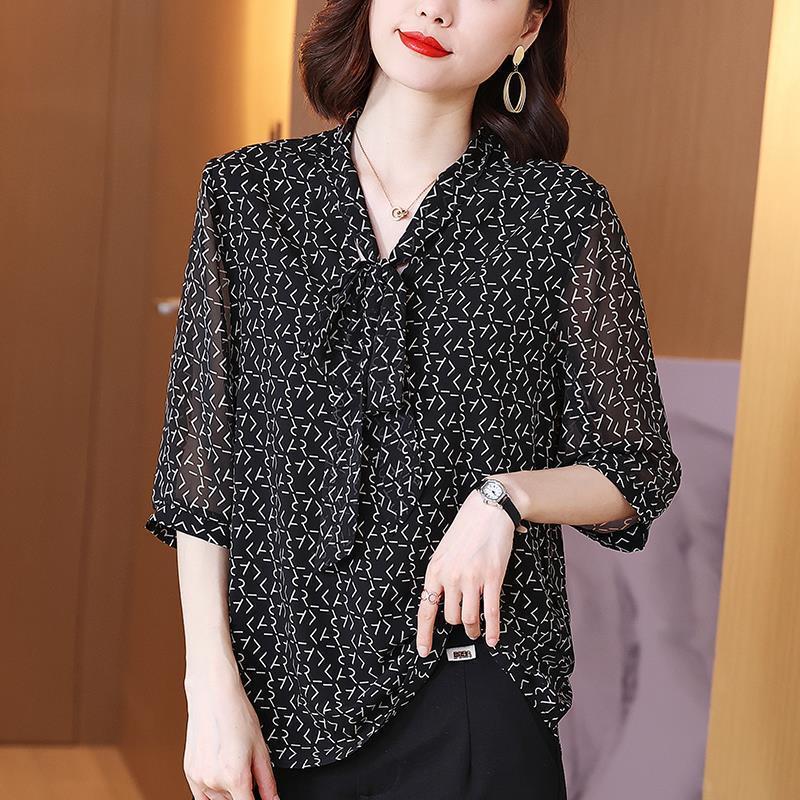 Damen-Chiffonbluse mit Schleife, große Größen, Sommer, halbe Ärmel, V-Ausschnitt, Schwarz, lässiges Oberteil, Pullover, locker, Vintage-Mode