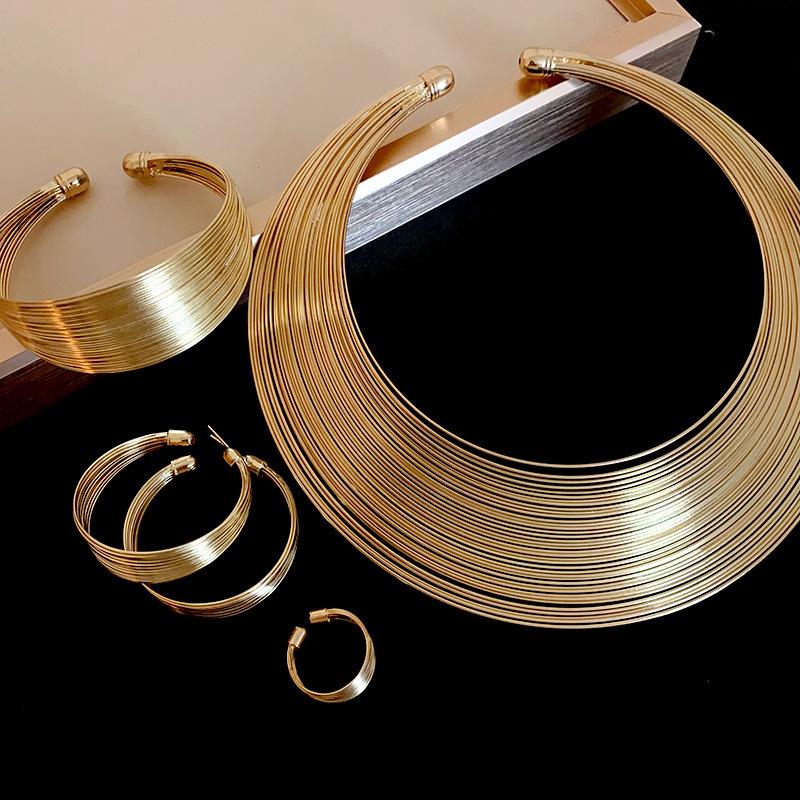 New 4 Pcs Metal Gold Color Geometric Multi-layer Necklaces for Women Heavy Industry Bangles Round Earrings Fashion Zircon Sets