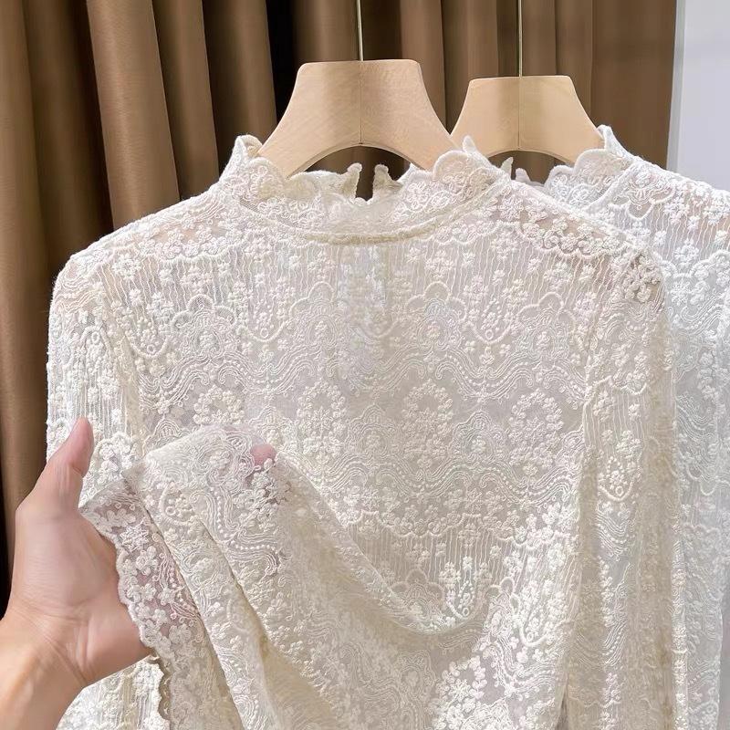 Semi-turtleneck lace sweater with small shirt inside women's spring and autumn new embroidered thin mesh bottoming shirt hollow top women