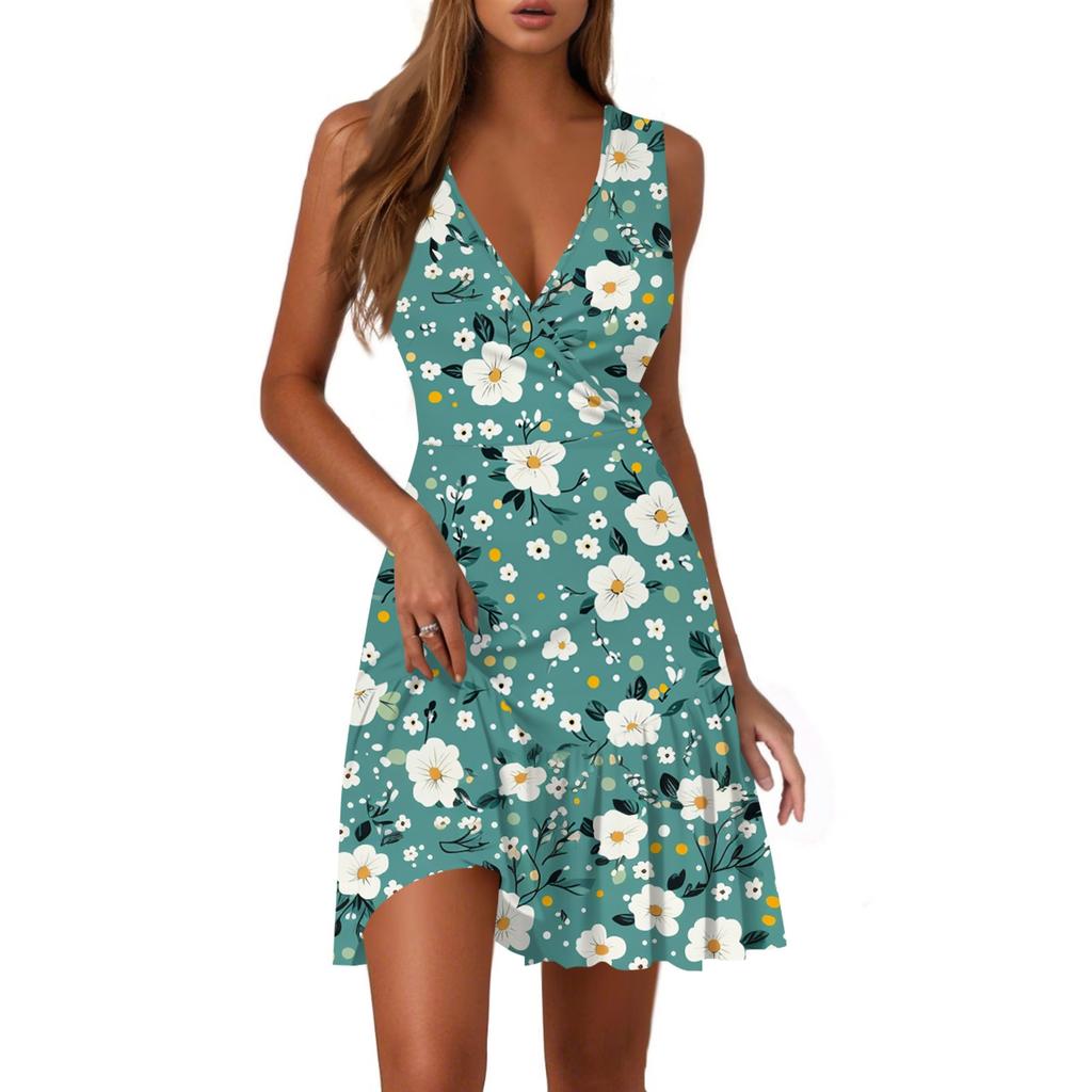 Ladies Casual Fashion V-Neck Sleeveless  Print Dress
